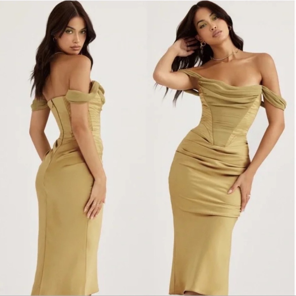 House of CB Natalya Olive Satin Corset Midi Dress Size Small NWT
